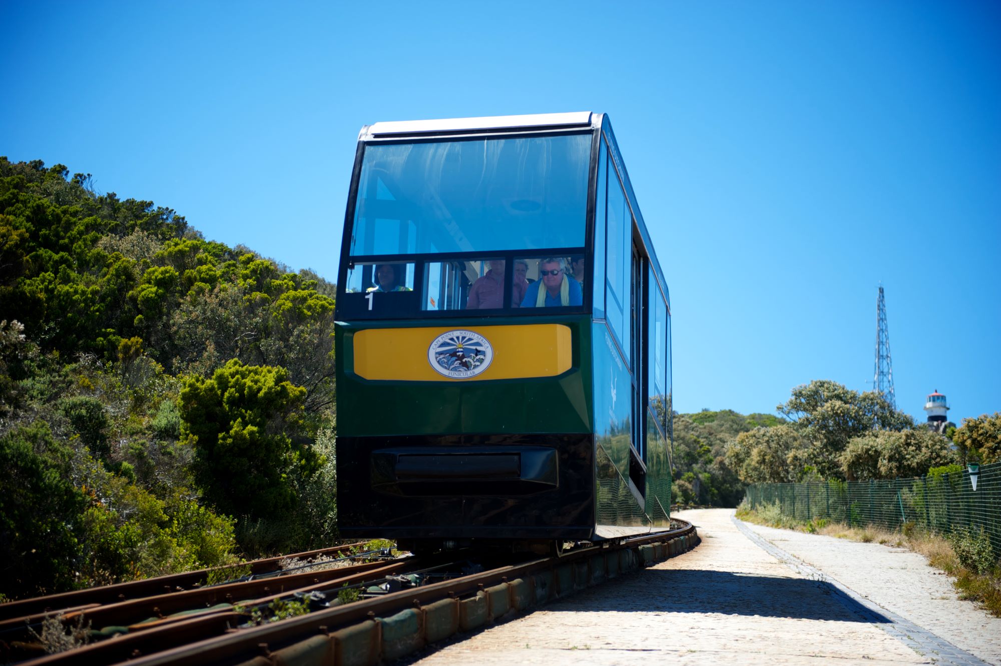 The Cape Point funicular moving up the track to the lighthouse